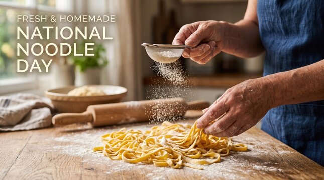 Chef hands dusting white flour from a metal sieve onto fresh yellow pasta noodles on a rustic wooden kitchen table with a rolling pin and bowl in the background