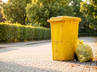 Obraz premium Yellow Wheelie Bin and Garbage Bag on Sunny Paved Street - Urban Waste Management, Recycling, and Household Cleanup Concept.