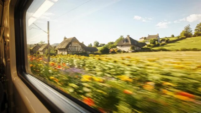 Charming countryside travel panoramic rural landscape view from train window, thatched roof cottages, vibrant gardens, picturesque village scenery, peaceful journey, delightful discovery