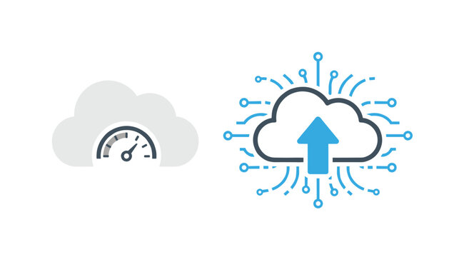 Concept icons of cloud computing featuring a speed test meter on the left and a data upload symbol on the right side.