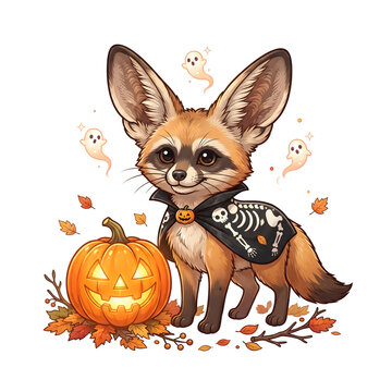 Cute fennec fox wearing a halloween cape with a pumpkin transparent background