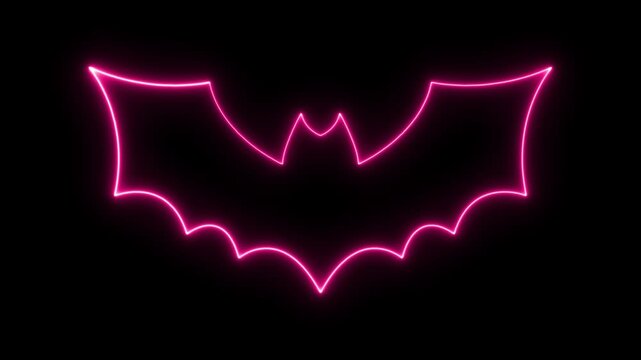 Glowing pink neon bat outline isolated on black background