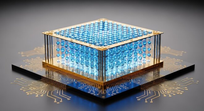 Innovative quantum computing core with glowing blue qubits and intricate golden circuits, representing next-generation advanced digital hardware, abstract, advanced, microchip