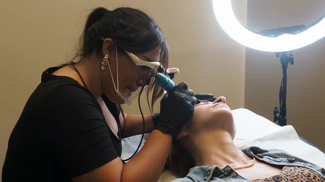 PMU artist wearing nitrile gloves and a protective mask performs eyebrow pigmentation on a reclining woman under a ring light, static medium close-up.