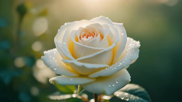 White Rose in Full Bloom - Soft Bokeh Gentle Morning Light with Dew Drops