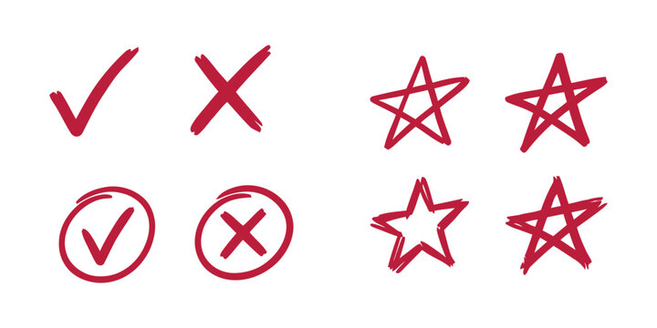 Red hand drawn check mark cross x symbol and stars doodle icon set, handwritten tick and cross mark