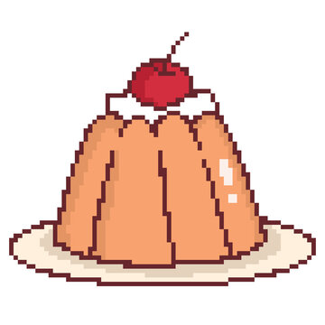 Pudding dessert with cherry food snack pixel art