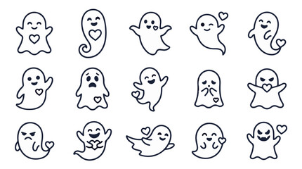 Obraz premium Cute kawaii ghost vector set, playful spooky character outlines, happy silly spirit illustrations, funny haunted season icons, cute spooky line art collection isolated on White Background