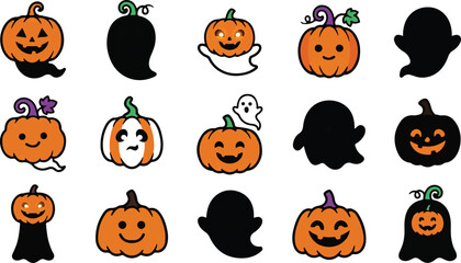 Obraz premium Cute Halloween Pumpkin and Ghost Silhouette Collection, Orange Jack-O-Lantern Vector Set, Kawaii Witch Characters, Spooky Party Illustration Graphics for Design isolated on White Background