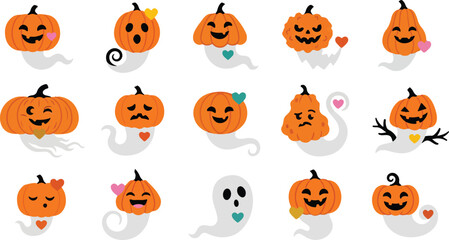 Fototapeta premium Cute Halloween characters set, adorable pumpkin and ghost icons. Kawaii spooky web elements isolated on White Background Halloween ,Editable Eps