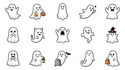Fototapeta premium Collection of cute kawaii cartoon ghosts. Spooky Halloween characters with pumpkins and witch hat. Adorable spooky spirit vector illustration for holiday. isolated on White Background Halloween