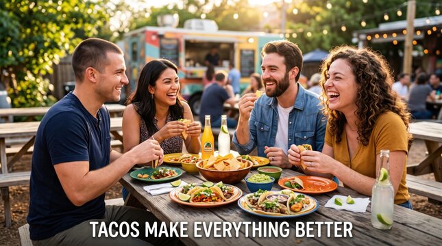 Four friends laughing and eating tacos at an outdoor wooden picnic table near a food truck with string lights in the background during a sunny evening social gathering