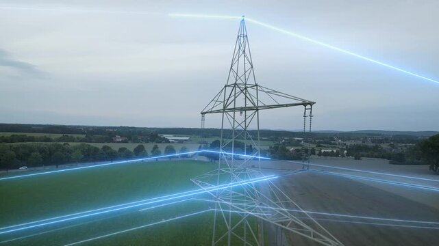 Aerial drone view reveals a power transmission tower over green farmland as glowing blue digital energy lines pulse along the cables, symbolizing smart grid technology for marketing