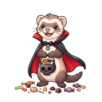 Cute pixel art ferret dressed as a vampire for halloween transparent background