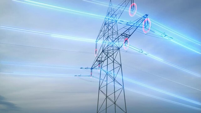 Low-angle silhouette of an electricity pylon against a soft sky highlights insulators marked by glowing red rings amid streaking blue data lines,