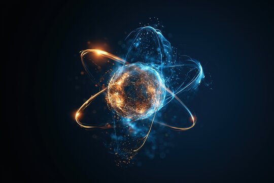 Abstract atomic structure with glowing blue and orange energy particles symbolizing quantum physics and nuclear research.