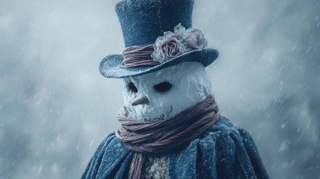 Evil snowman in scarf and top hat, A menacing snowman wearing a scarf and top hat, with a sinister expression and dark