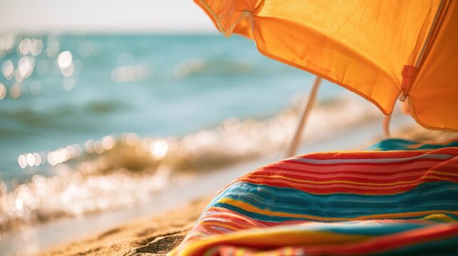 Close up of a striped beach towel and orange umbrella on sandy shore with ocean waves