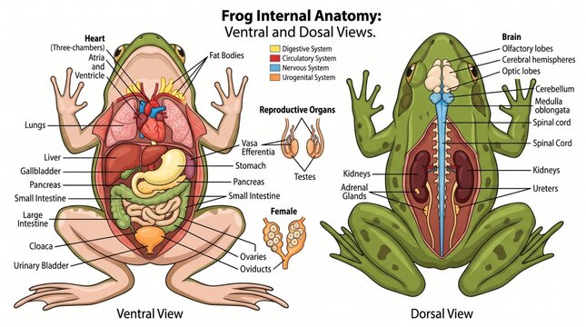 Detailed frog internal anatomy diagram illustrating ventral and dorsal organ views