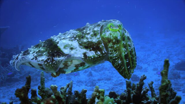 Majestic cuttlefish glides gracefully through vibrant coral reef ecosystem