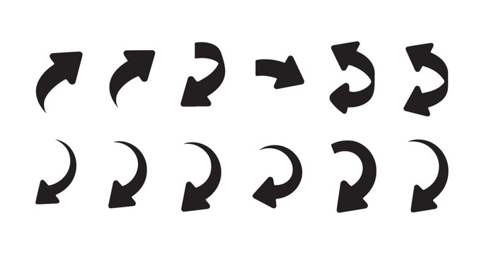 Black curved arrow icons set in various directions for navigation and interface design applications.