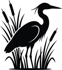 Fototapeta premium Graceful heron in reeds silhouette illustration black art vector