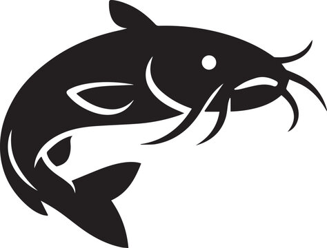 Minimalist graphic design featuring a swimming catfish depicted as a bold black and white vector silhouette