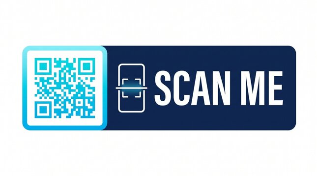 Horizontal Scan Me Banner with QR Code and Smartphone Icon on Dark Blue Background for Digital Information Access