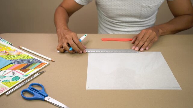 Hands mark transparent acetate sheet using ruler and pen during craft project