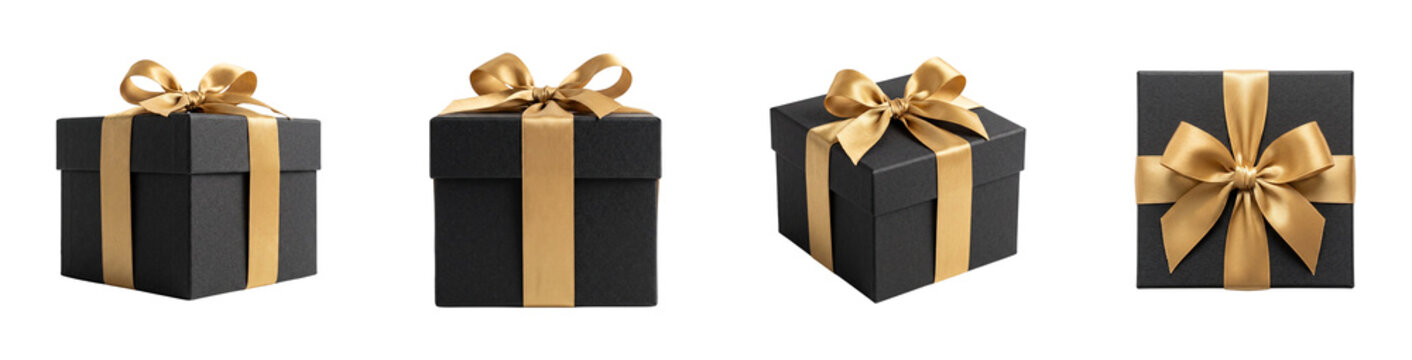 Elegant black gift boxes with gold ribbons, luxury present set, premium holiday packaging