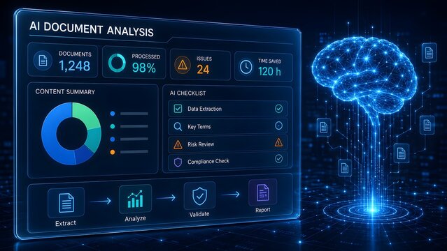 Artificial intelligence document analysis dashboard with digital brain model and automated data extraction compliance checklist concept