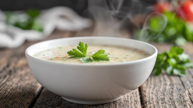 Steaming bowl of creamy soup garnished with fresh parsley on a rustic wooden table.
