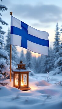 Finnish flag waving beside illuminated lantern in snowy winter landscape