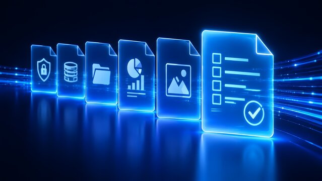 Row of glowing blue digital document icons with data streams illustrating electronic file management and secure information workflow