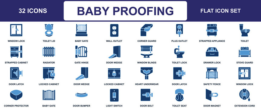 Flat icon set depicting various baby proofing safety devices and household fixtures babyproofing childsafety flaticon