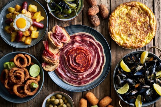 Top view of a traditional spanish tapas feast featuring iberian ham tortilla patatas bravas mussels and various mediterranean food dishes