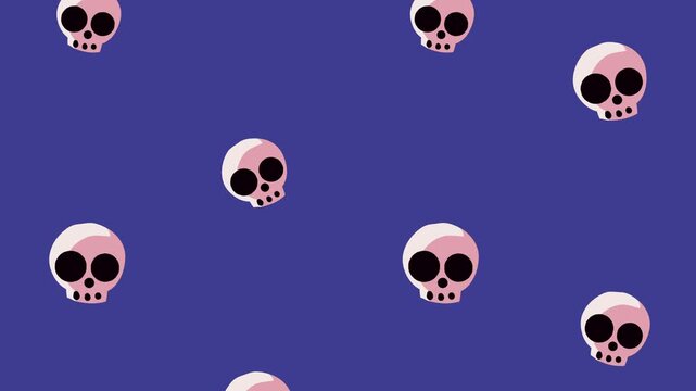 Cartoon skull pattern background, cute Halloween skeleton heads seamless motion graphic video