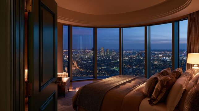 A luxurious modern hotel bedroom with a panoramic view of the city skyline at night through large floor to ceiling windows
