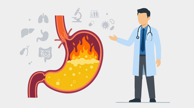 Doctor explaining acid reflux and stomach pain, medical digestive health concept