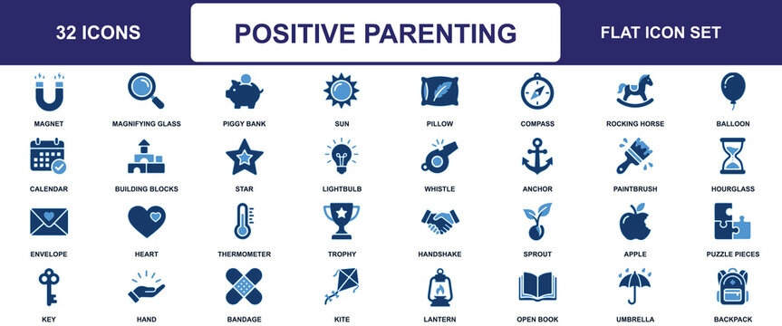 Collection of flat icons representing childhood education and positive reinforcement concepts vector pictogram symbols learning