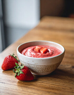 Fresh strawberry puree in handmade ceramic bowl on wooden cafe table, ripe strawberries, authentic homemade appearance, tasty sweet food. Close-up.