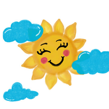 Cute sun and clouds illustration on transparent background, cartoon style smiling sun with blue cloud for design, nursery room, kid's room and children book