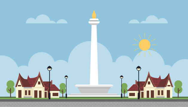 Jakarta National Monument icon known as Monas stands tall under a sunny sky with traditional houses on both sides.