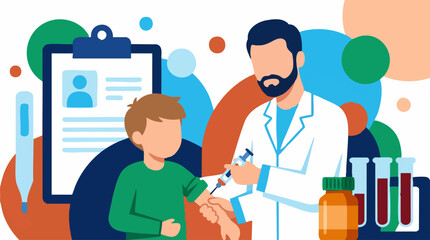 Obraz premium Pediatrician Administering Vaccine to a Young Boy - Medical Illustration