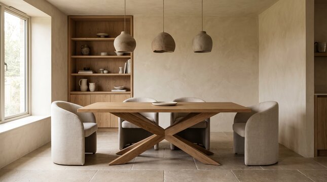 Modern dining room with sculptural oak trestle table