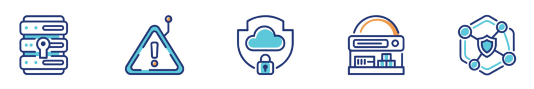 Data center security icon set with server rack and cloud shield
