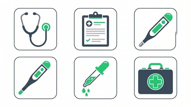 Medical and healthcare vector icon set stethoscope clipboard thermometer pipette and first aid kit
