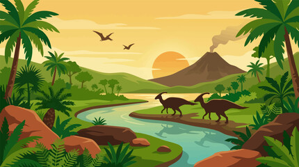Prehistoric landscape with dinosaurs, volcano, river, and sunset vector illustration © Artify