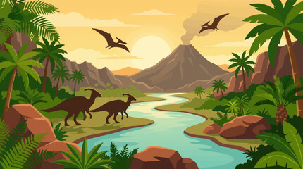 Prehistoric landscape with dinosaurs, active volcano, river, and tropical plants © Artify