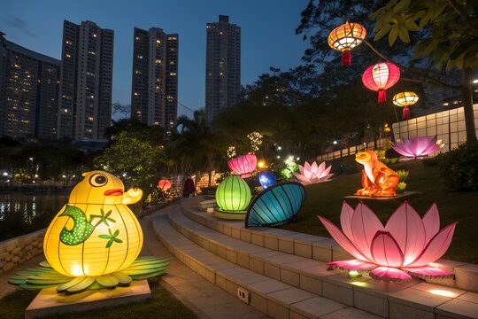 Happy Asian Children Holding Illuminated Dragon Lanterns at Night Festival, Joyful Asian Children Celebrating Dragon Lantern Festival at Night
